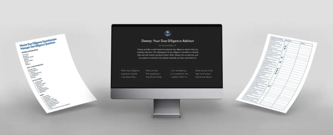 Dewey, a due diligence AI tool, on a desktop screen between checklists